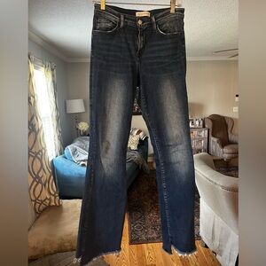Flying Monkey Dark Blue flare leg jeans with uneven raw hem